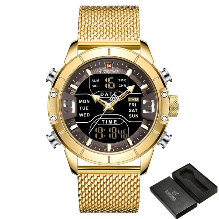 Ceas barbatesc Naviforce Business Otel Bratara reglabila Auriu Quartz Analog Digital [5]