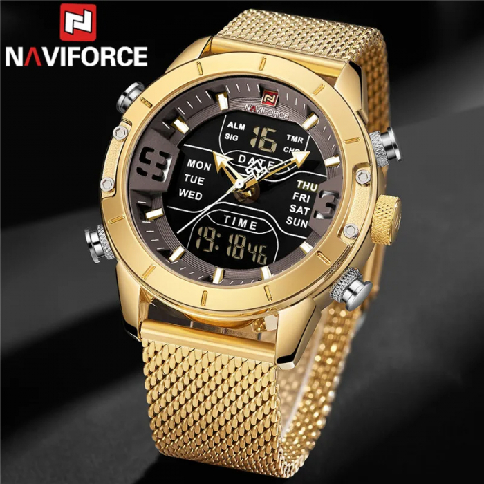 Ceas barbatesc Naviforce Business Otel Bratara reglabila Auriu Quartz Analog Digital [4]