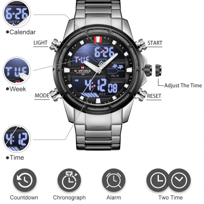 Ceas barbatesc Naviforce Cronograf Alarma Lumina fundal Digital Quartz Argintiu [2]