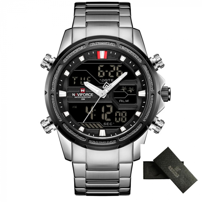 Ceas barbatesc Naviforce Cronograf Alarma Lumina fundal Digital Quartz Argintiu [4]