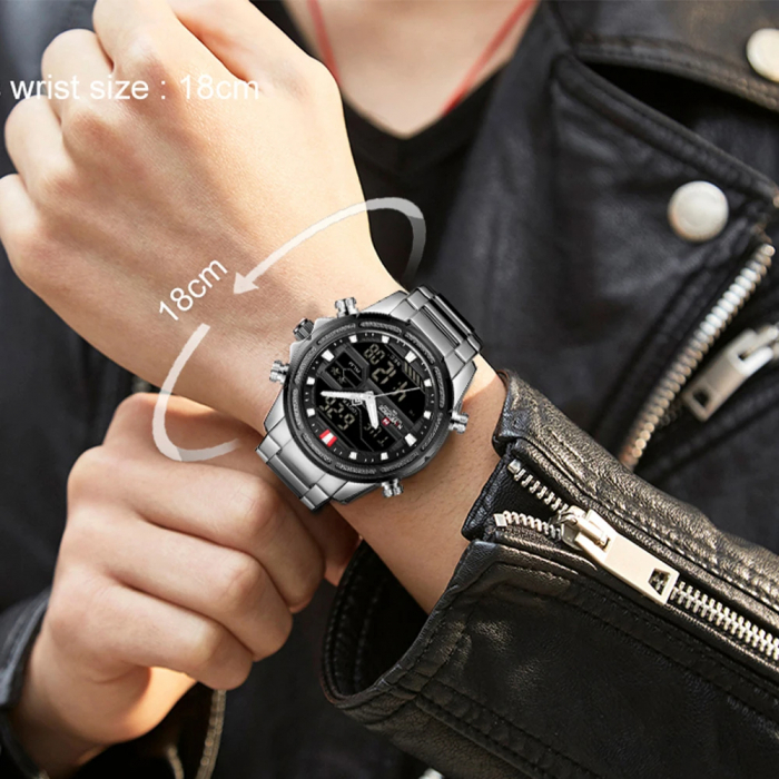 Ceas barbatesc Naviforce Cronograf Alarma Lumina fundal Digital Quartz Argintiu [5]