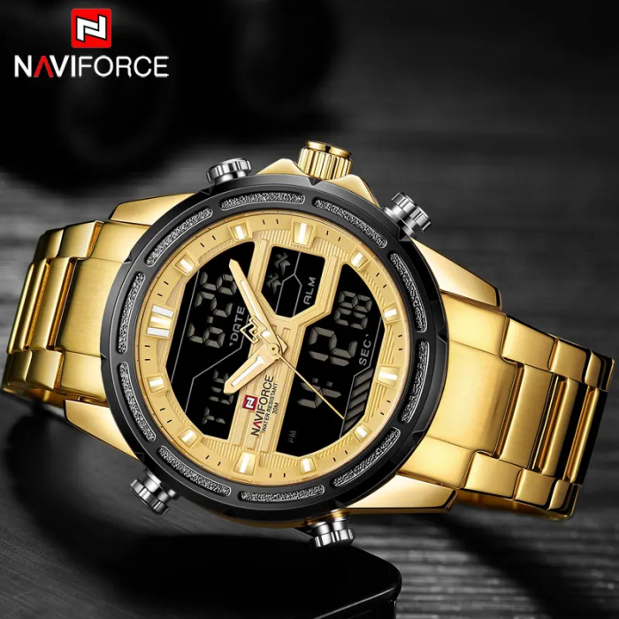 Ceas barbatesc Naviforce Cronograf Alarma Lumina fundal Digital Quartz Auriu [3]