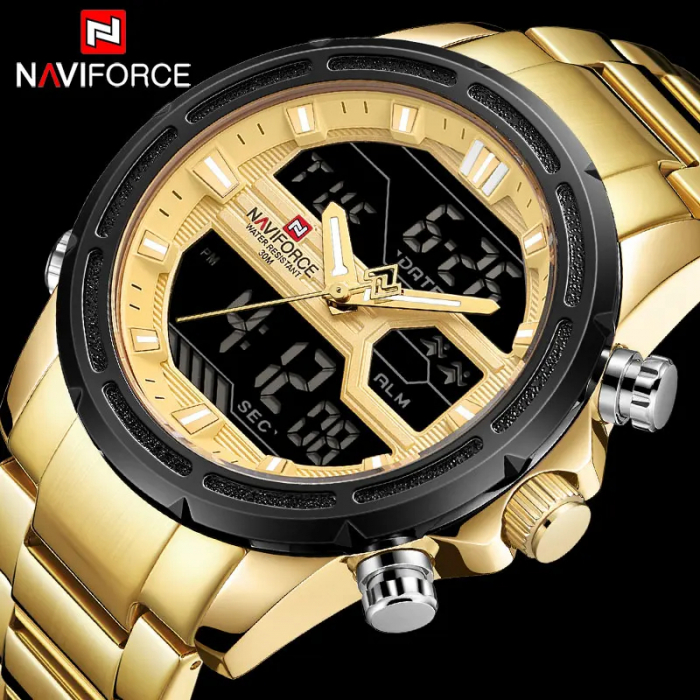 Ceas barbatesc Naviforce Cronograf Alarma Lumina fundal Digital Quartz Auriu [2]