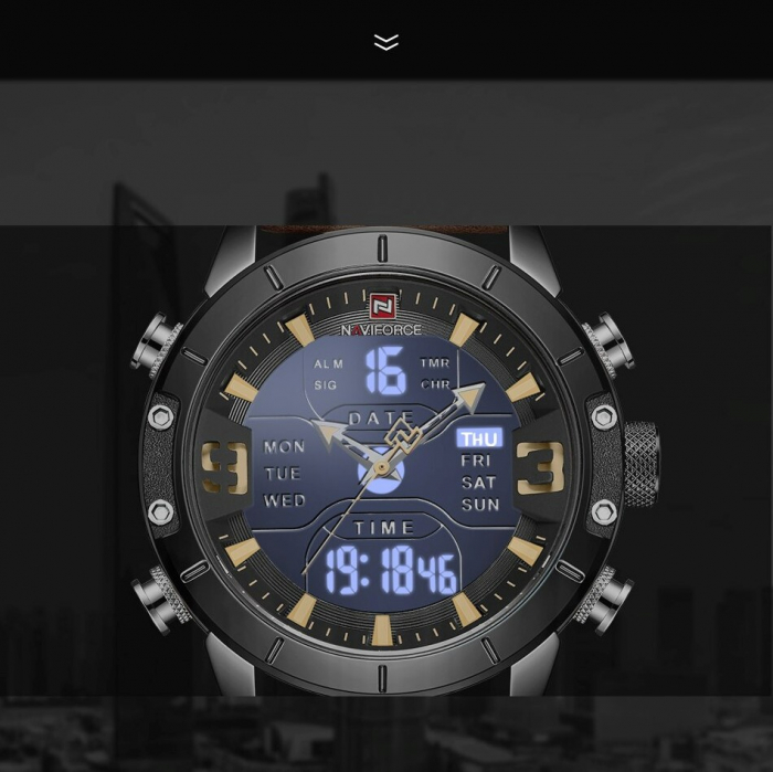 Ceas barbatesc Naviforce Digital Analog Quartz Alarma Cronometru Piele [4]