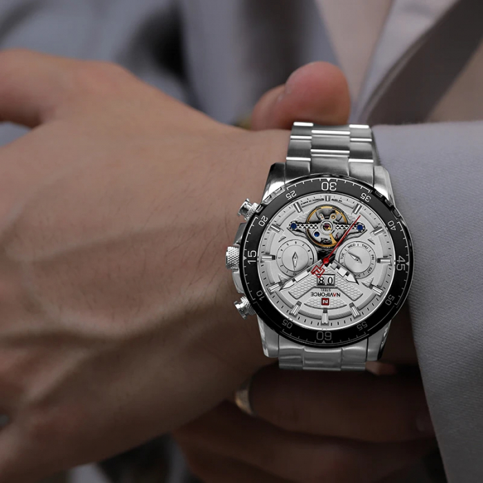 Ceas barbatesc Naviforce Mecanic automatic 10 ATM Rezistent la scufundari Data Otel Argintiu [7]