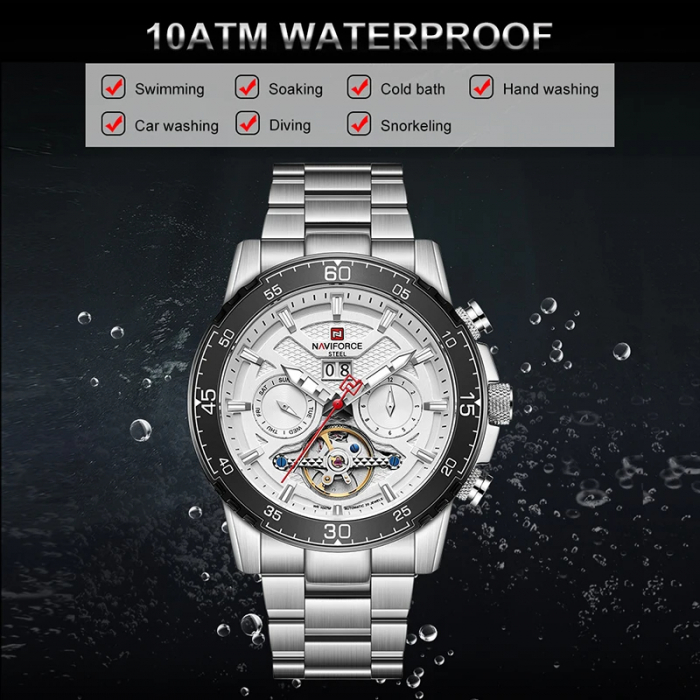 Ceas barbatesc Naviforce Mecanic automatic 10 ATM Rezistent la scufundari Data Otel Argintiu [3]