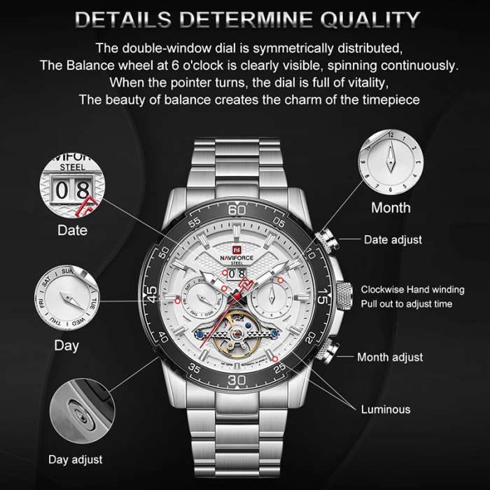 Ceas barbatesc Naviforce Mecanic automatic 10 ATM Rezistent la scufundari Data Otel Argintiu [5]