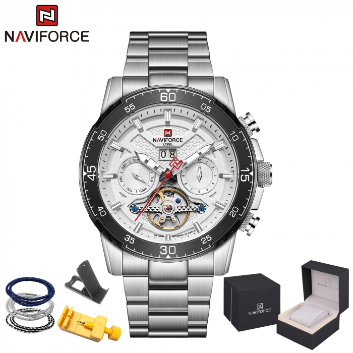 Ceas barbatesc Naviforce Mecanic automatic 10 ATM Rezistent la scufundari Data Otel Argintiu [2]