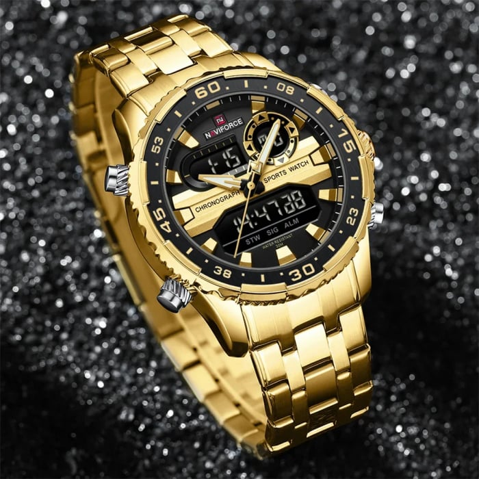 Ceas barbatesc Naviforce Quartz Dual Time Luxury Militar Otel Auriu [7]