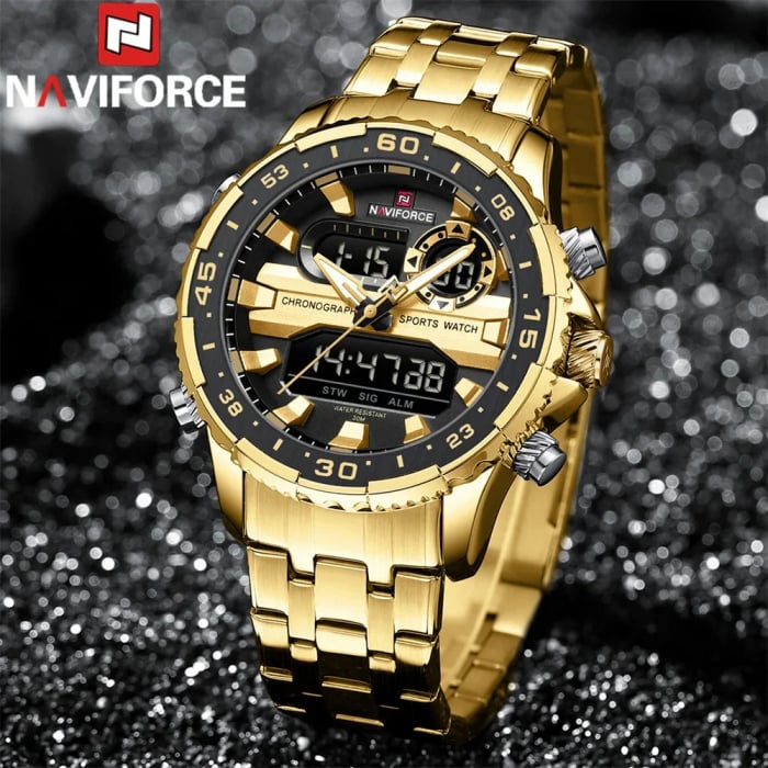 Ceas barbatesc Naviforce Quartz Dual Time Luxury Militar Otel Auriu [6]