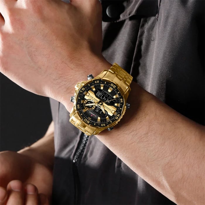 Ceas barbatesc Naviforce Quartz Dual Time Luxury Militar Otel Auriu [8]