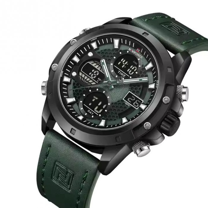 Ceas barbatesc Naviforce Quartz Dual Time Data Alarma Sport Army Militar Piele naturala Verde [2]