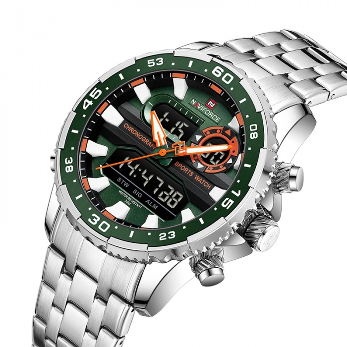 Ceas barbatesc Naviforce Dual Alarma Time Data Luxury Militar Otel Argintiu Verde [2]