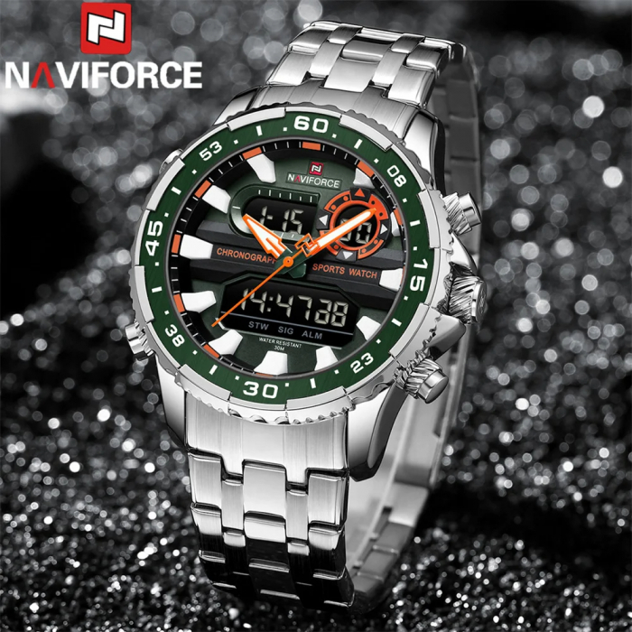 Ceas barbatesc Naviforce Dual Alarma Time Data Luxury Militar Otel Argintiu Verde [3]
