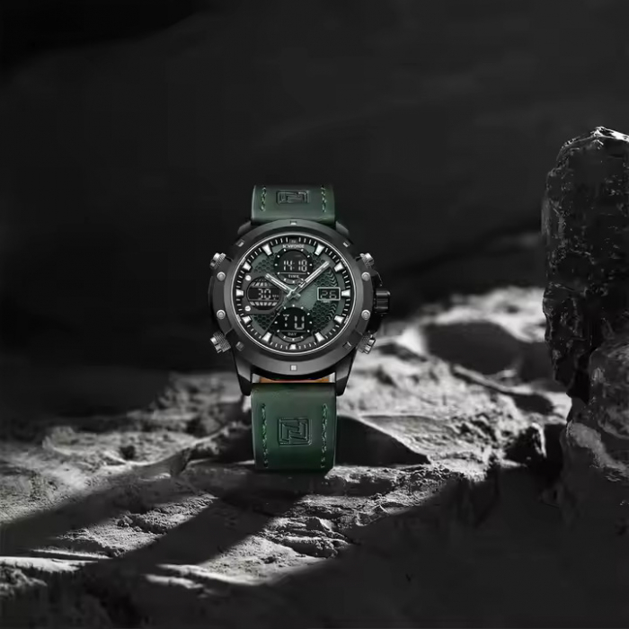 Ceas barbatesc Naviforce Quartz Dual Time Data Alarma Sport Army Militar Piele naturala Verde [4]