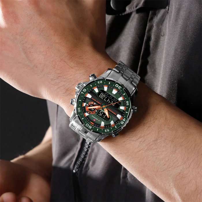 Ceas barbatesc Naviforce Dual Alarma Time Data Luxury Militar Otel Argintiu Verde [5]