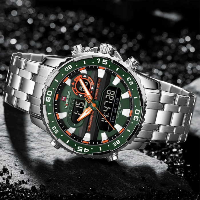 Ceas barbatesc Naviforce Dual Alarma Time Data Luxury Militar Otel Argintiu Verde [4]
