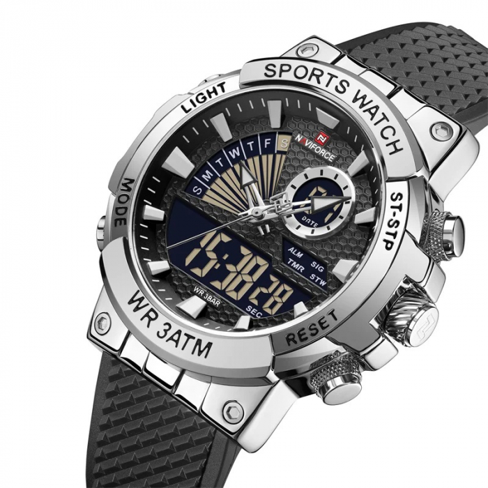 Ceas barbatesc Naviforce Quartz Dual Time Alarma Data Sport Army Militar Silicon Negru Argintiu [2]
