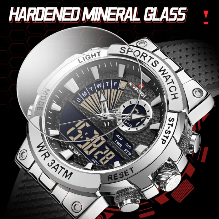 Ceas barbatesc Naviforce Quartz Dual Time Alarma Data Sport Army Militar Silicon Negru Argintiu [4]