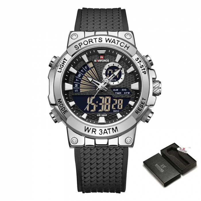 Ceas barbatesc Naviforce Quartz Dual Time Alarma Data Sport Army Militar Silicon Negru Argintiu [6]