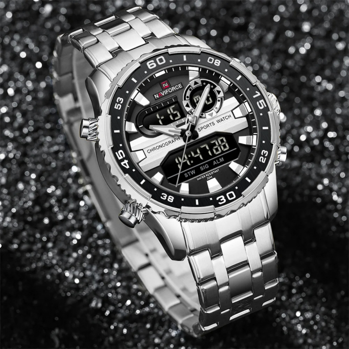 Ceas barbatesc Naviforce Quartz Dual Time Data Alarma Luxury Militar Otel Argintiu [4]