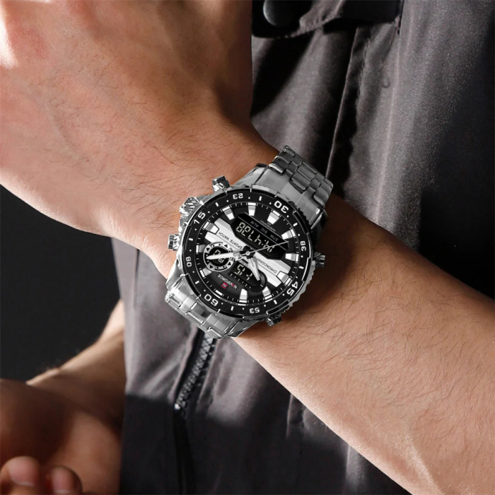 Ceas barbatesc Naviforce Quartz Dual Time Data Alarma Luxury Militar Otel Argintiu [2]