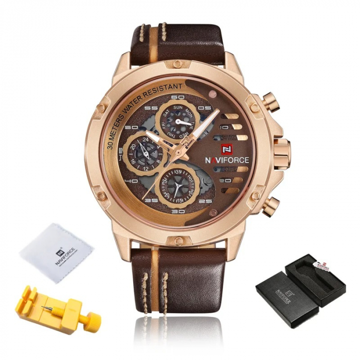 Ceas barbatesc Naviforce Elegant Casual Analog Quartz Cronograf Maro Auriu Roze [2]