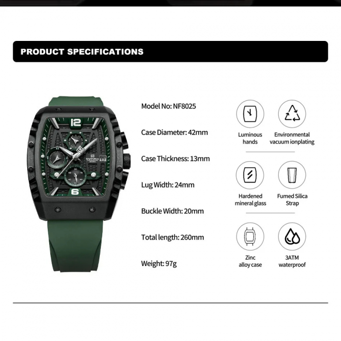 Ceas barbatesc Naviforce  Sport Casual Quartz Analog Silicon Cronograf Verde [4]