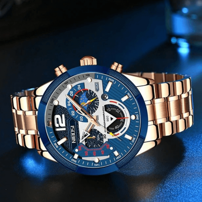 Ceas barbatesc Nibosi Business Otel Elegant Quartz Analog Indici luminosi Cronograf Auriu [9]