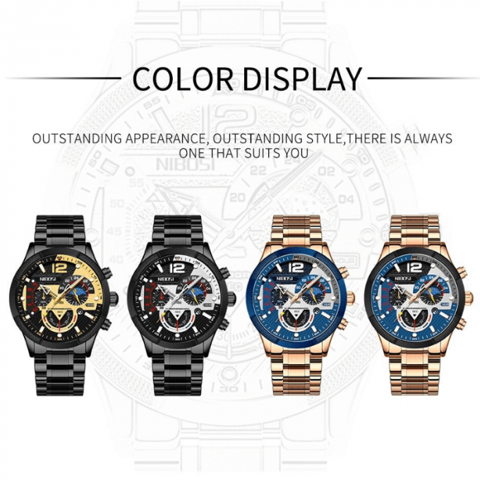 Ceas barbatesc Nibosi Business Otel Elegant Quartz Analog Indici luminosi Cronograf Auriu [8]