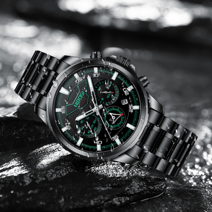 Ceas barbatesc Nibosi Cronograf Otel Analog Quartz Negru [5]