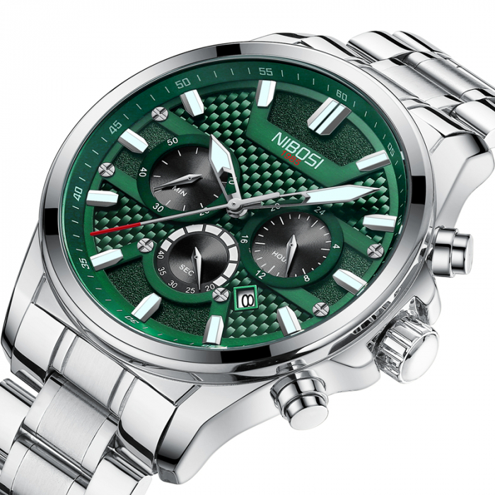 Ceas de mana barbatesc Nibosi Otel Analog Mecanism Quartz Argintiu Verde Indici luminosi [3]