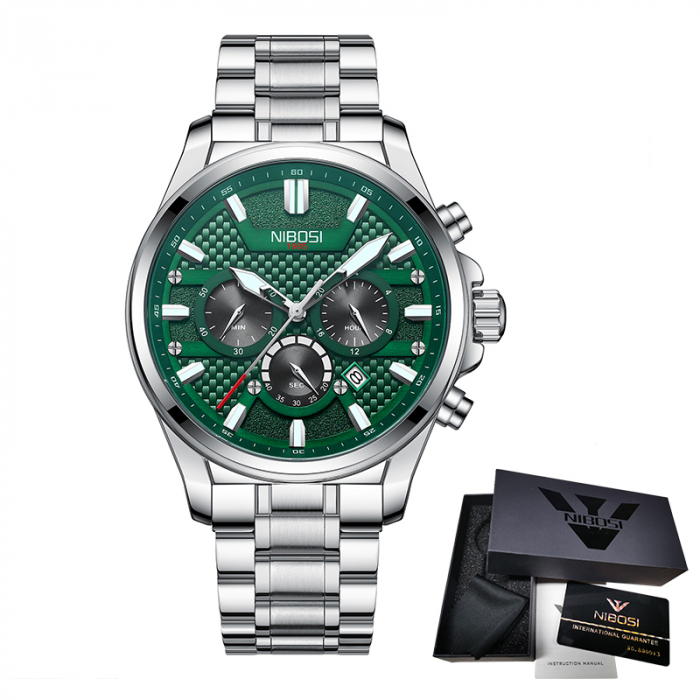 Ceas de mana barbatesc Nibosi Otel Analog Mecanism Quartz Argintiu Verde Indici luminosi [2]