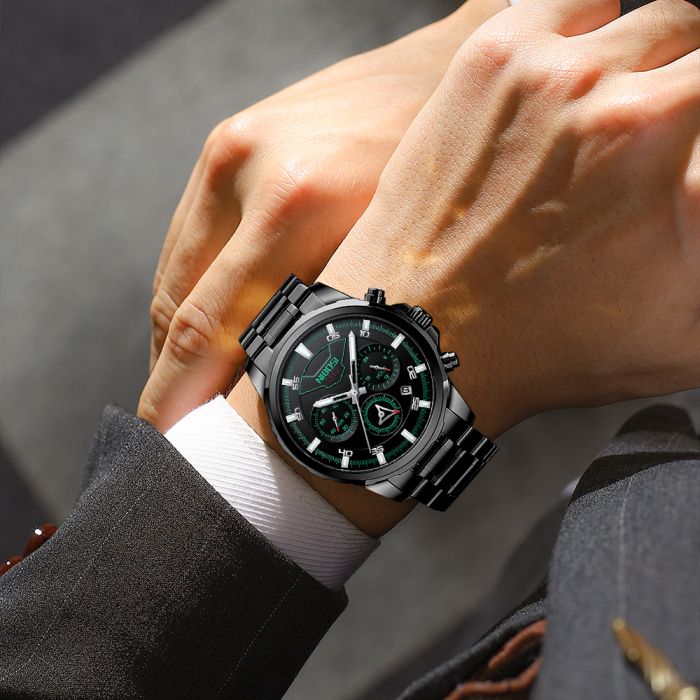 Ceas barbatesc Nibosi Cronograf Otel Analog Quartz Negru [3]
