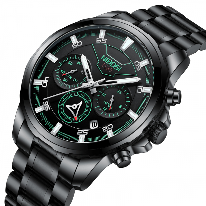 Ceas barbatesc Nibosi Cronograf Otel Analog Quartz Negru [6]
