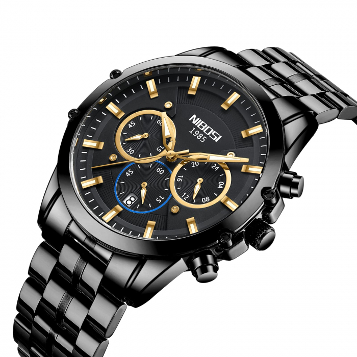 Ceas barbatesc Nibosi Data Quartz Analog Cronograf Otel Negru [2]