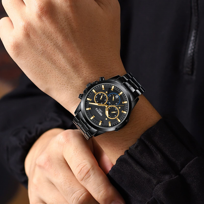 Ceas barbatesc Nibosi Data Quartz Analog Cronograf Otel Negru [5]