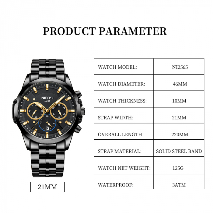 Ceas barbatesc Nibosi Data Quartz Analog Cronograf Otel Negru [6]