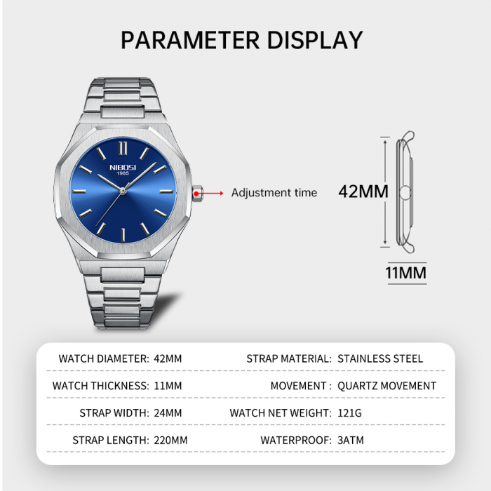 Ceas barbatesc Nibosi Elegant Quartz Otel Analog Argintiu albastru [3]