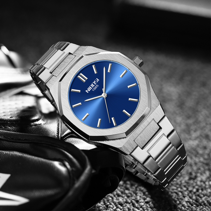 Ceas barbatesc Nibosi Elegant Quartz Otel Analog Argintiu albastru [5]