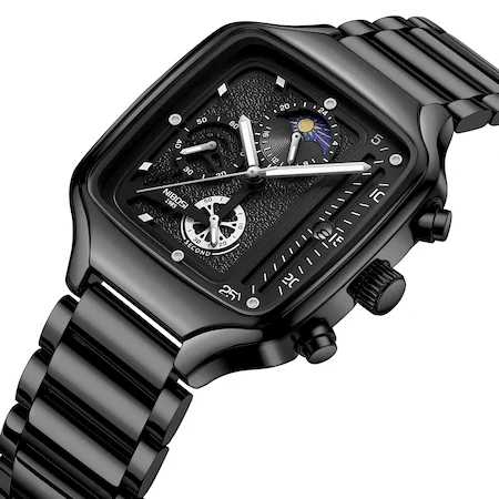 Ceas barbatesc Nibosi Elegant Negru Otel inoxidabil Quartz Analog Patrat [3]