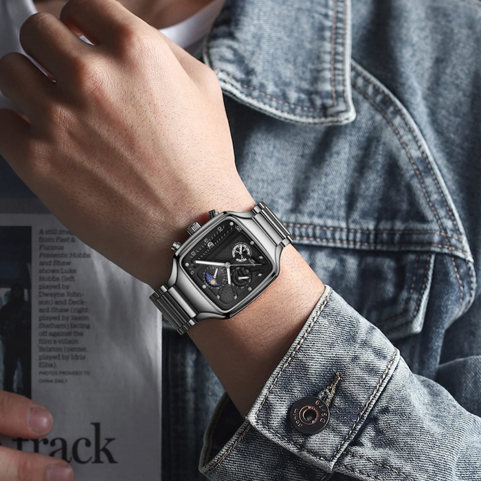 Ceas barbatesc Nibosi Elegant Otel inoxidabil Quartz Analog Patrat Argintiu [2]