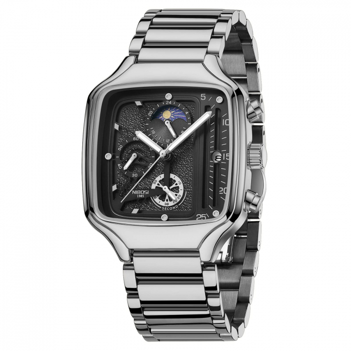 Ceas barbatesc Nibosi Elegant Otel inoxidabil Quartz Analog Patrat Argintiu [6]