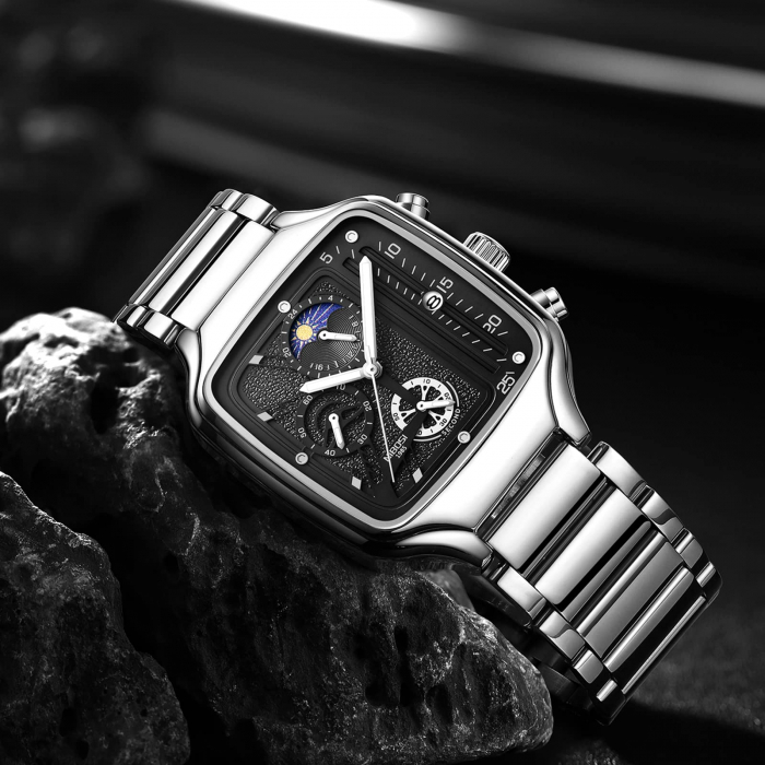 Ceas barbatesc Nibosi Elegant Otel inoxidabil Quartz Analog Patrat Argintiu [3]