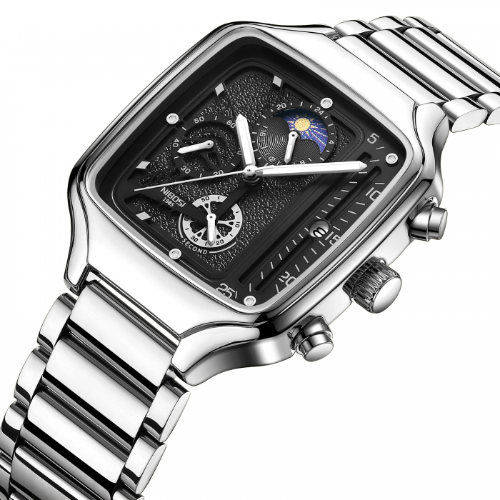 Ceas barbatesc Nibosi Elegant Otel inoxidabil Quartz Analog Patrat Argintiu [7]