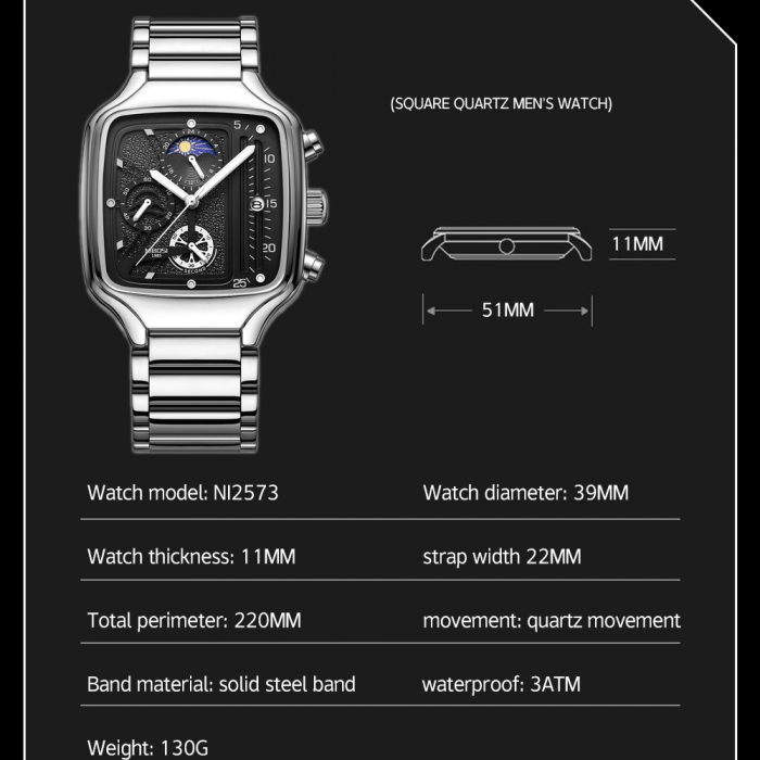 Ceas barbatesc Nibosi Elegant Otel inoxidabil Quartz Analog Patrat Argintiu [4]