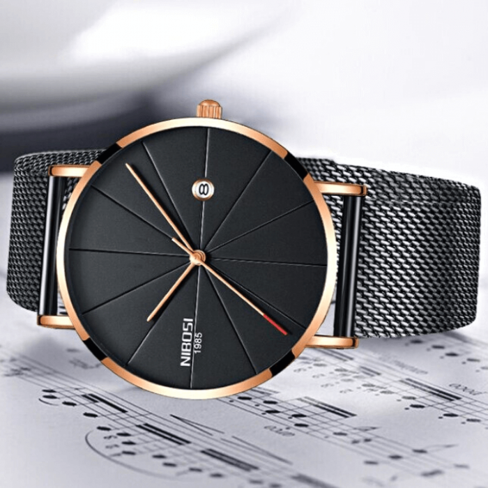 Ceas barbatesc Nibosi Negru Auriu Data Quartz Analog Bratara Reglabila Ultra subtire [2]