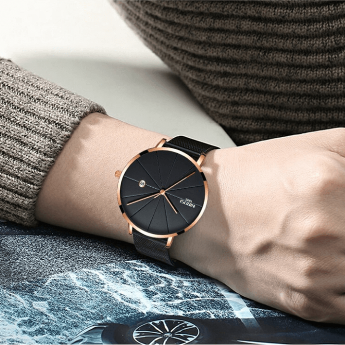 Ceas barbatesc Nibosi Negru Auriu Data Quartz Analog Bratara Reglabila Ultra subtire [6]