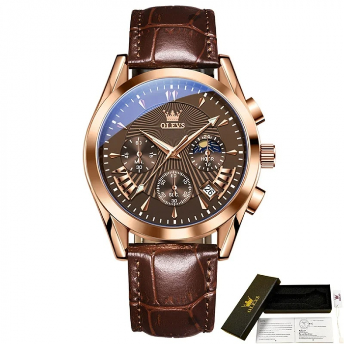 Ceas barbatesc Olevs Cronograf Data Quartz Analog Piele naturala [7]