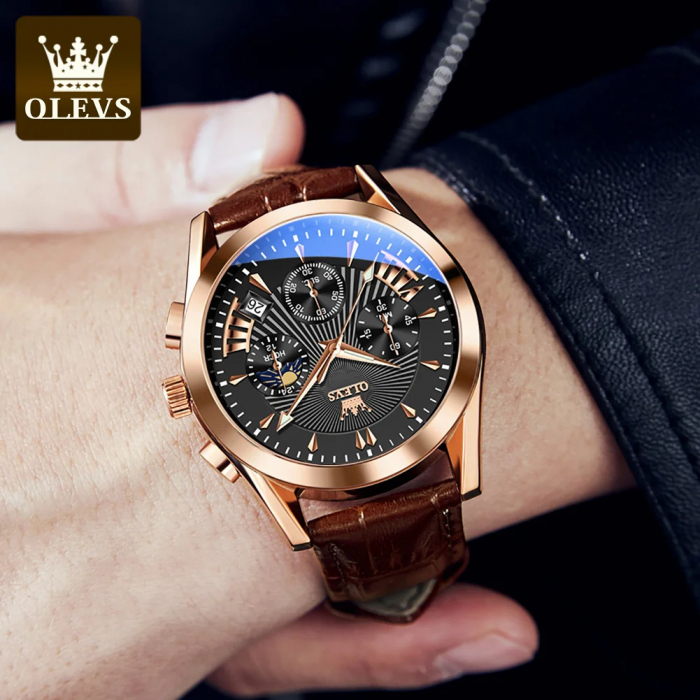 Ceas barbatesc Olevs Cronograf Data Quartz Analog Piele naturala [4]